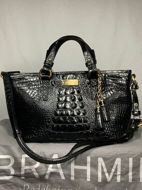 Brahmin Black Croc Embossed Satchel Shoulder Bag